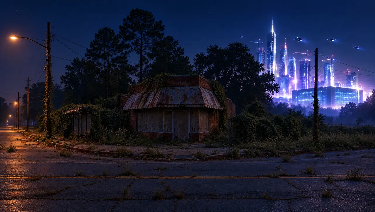 The same corner at night, dark and boarded up, while a new tower district glows on the horizon.