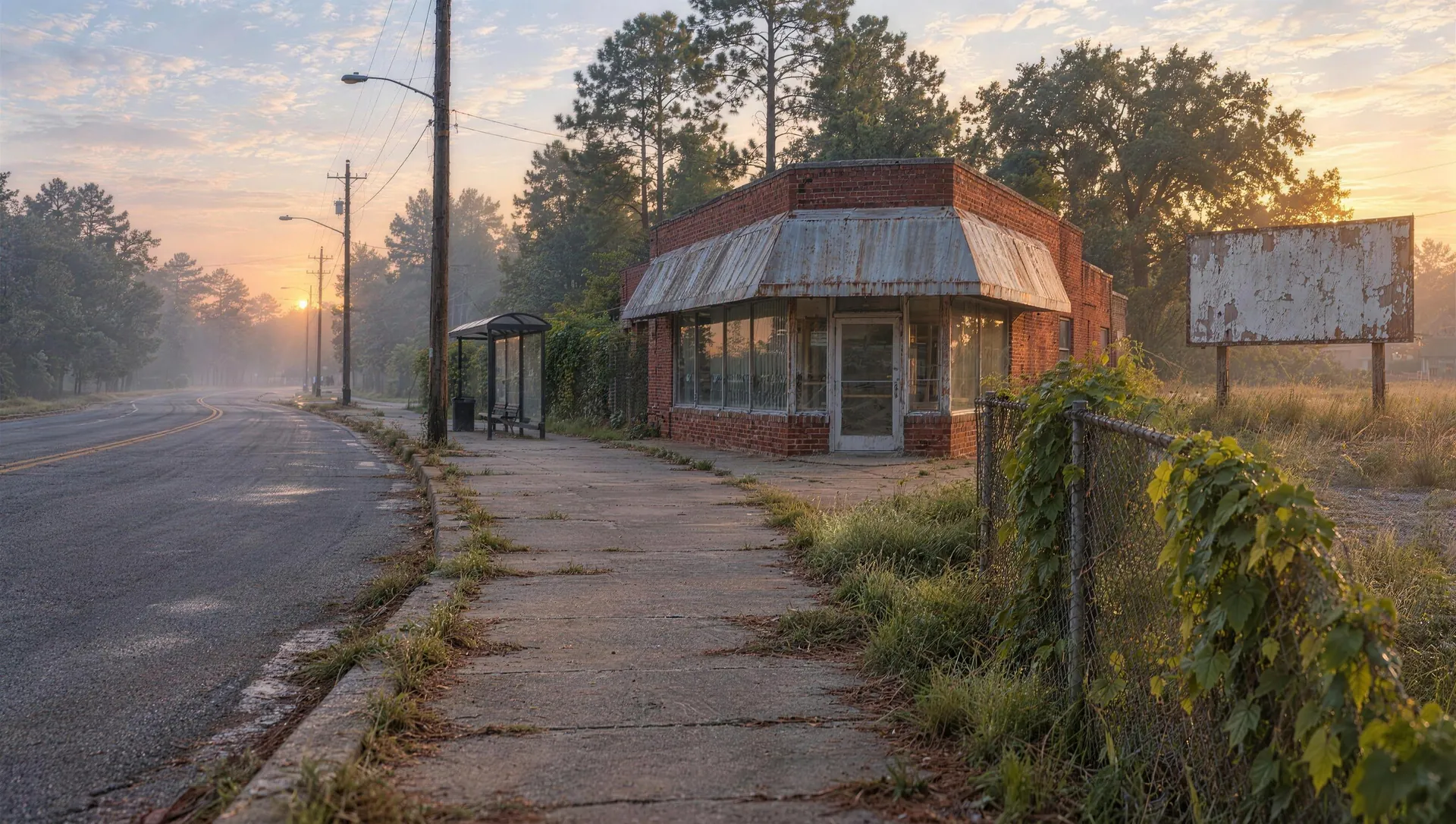 Bankhead in the morning: the corner store, a fenced empty lot and a faded billboard.