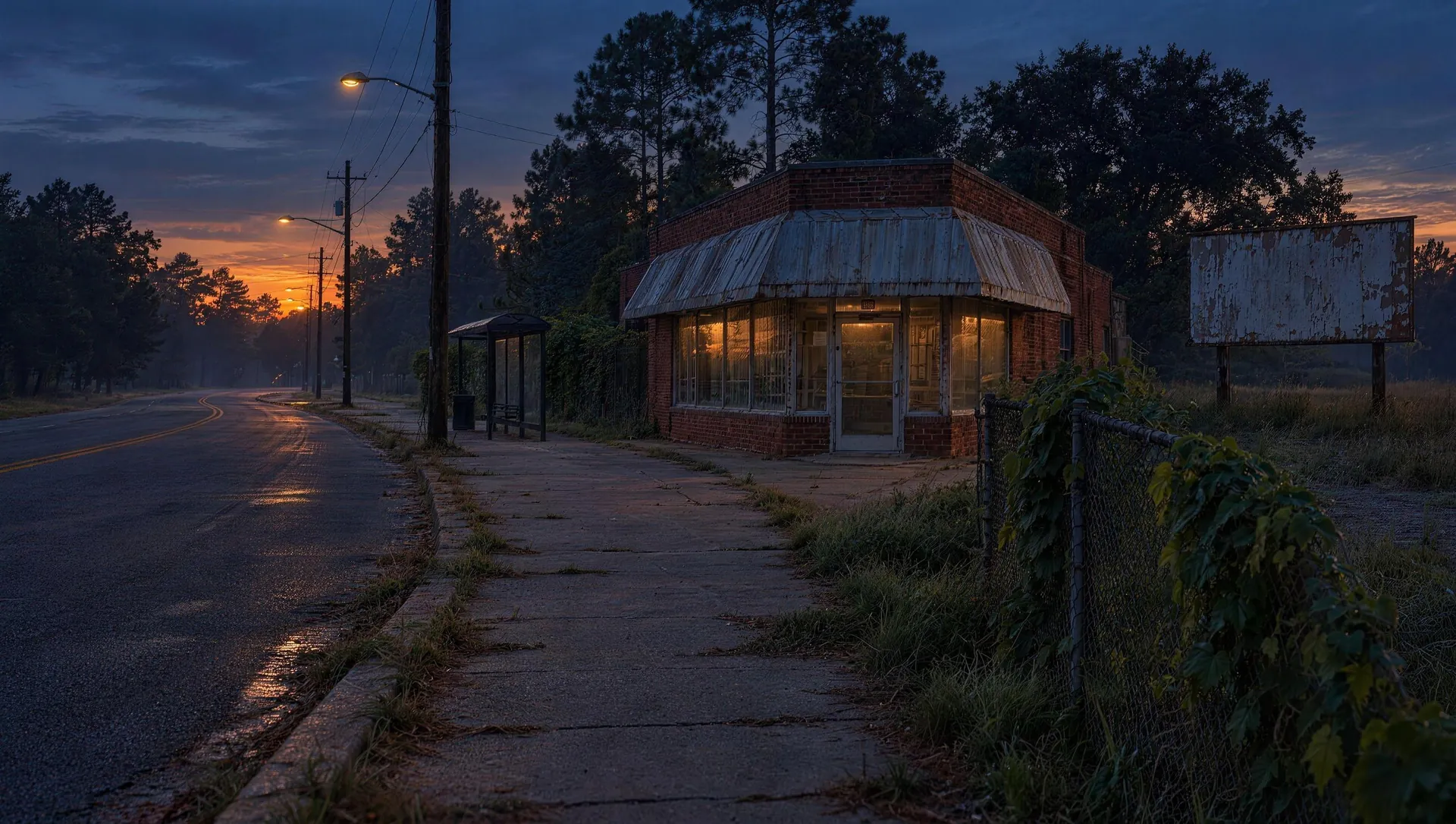 The same Bankhead corner at dusk: the store, the fenced lot and the faded billboard, unchanged.