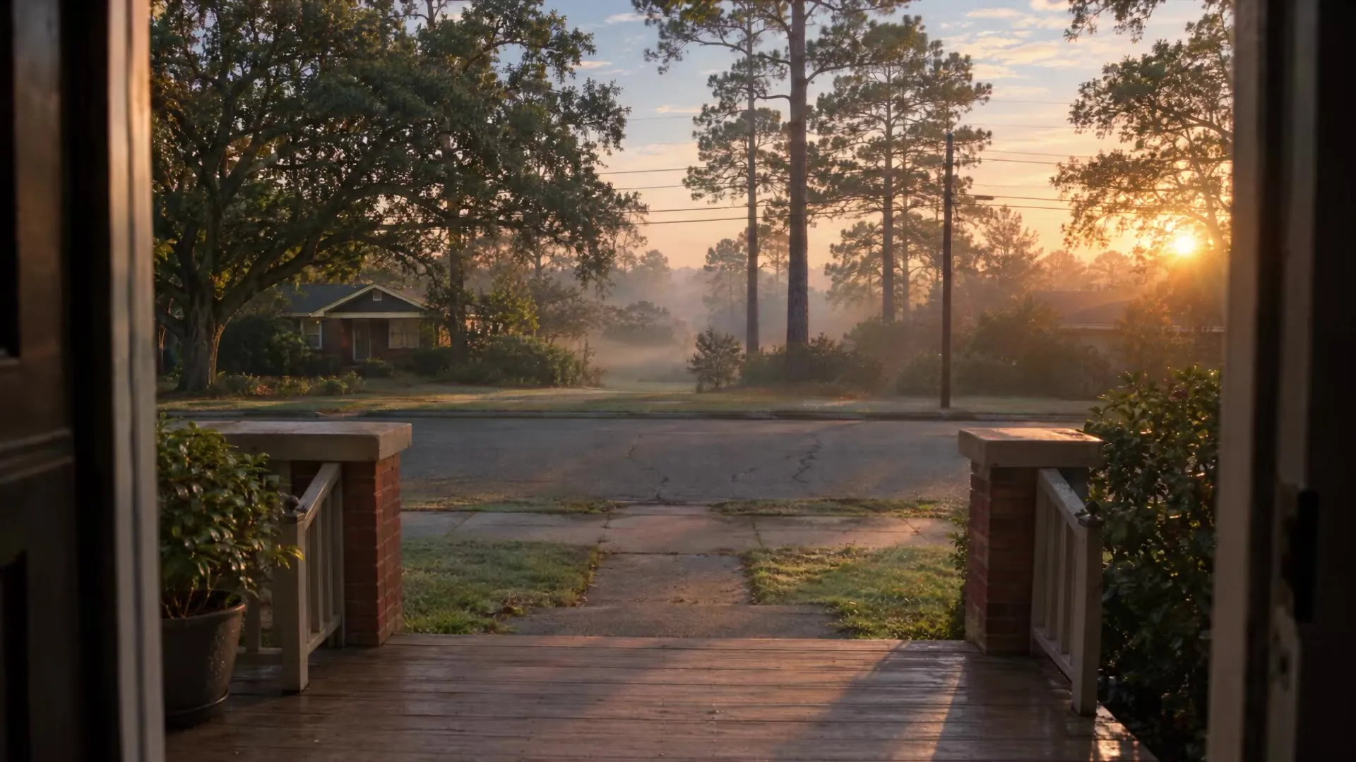From a front door at dawn on Atlanta's Westside: a quiet street under tall pines.