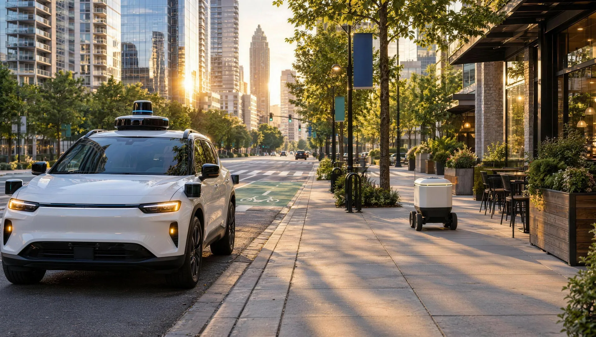 Midtown the same morning: glass towers, a robotaxi at the curb and a delivery robot on the sidewalk.