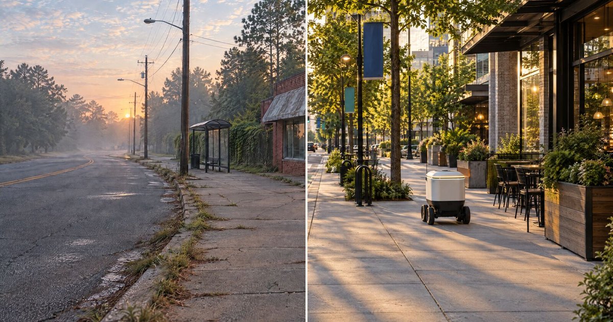 The same morning in Bankhead, a quiet road and a cracked sidewalk, and in Midtown, a delivery robot on a busy sidewalk.