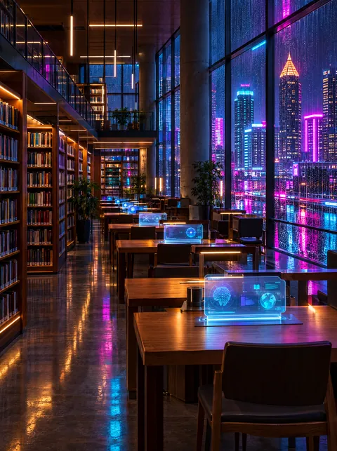 A neighborhood library at night, every study table lit by a glowing assistant panel.