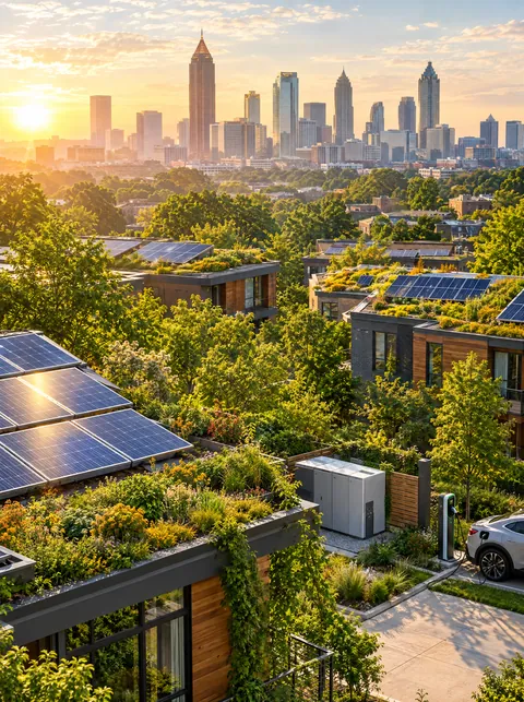 Atlanta rooftops covered in solar panels and gardens, a battery and a car charger.