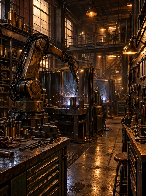 A brick and steel trades workshop with a robot arm beside welding stations.