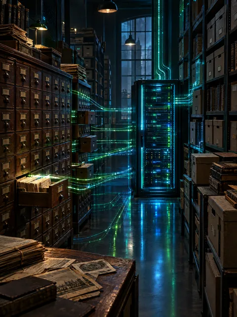A community archive of card-catalog drawers, lines of data light flowing into a small server.