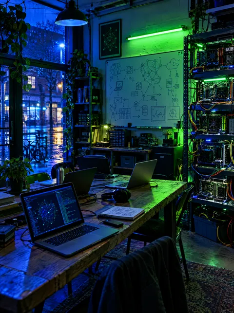 A storefront tech co-op at night with a rack of home-built computers.