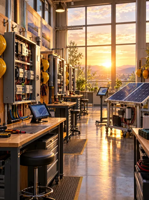 An apprenticeship training bay at sunrise with electrical panels and a solar rig.